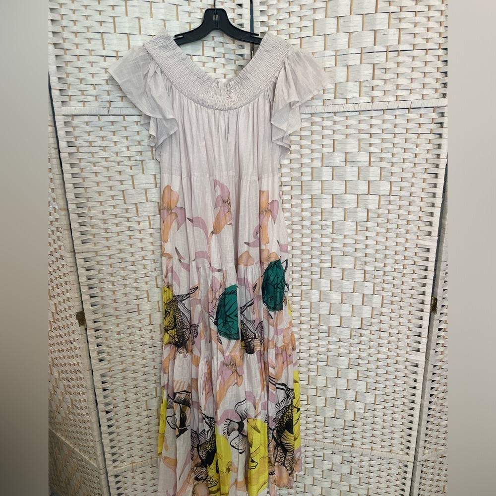 Anthropologie Cream Maxi Dress with Yellow, Green & Pink Floral Print